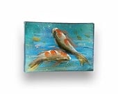 Small Miniature Handpainted Painting of "Two Koi Fish" - 3.50" x 2.5"  - Mini Canvas Stretched by Hand on Wooden Frame, RARE