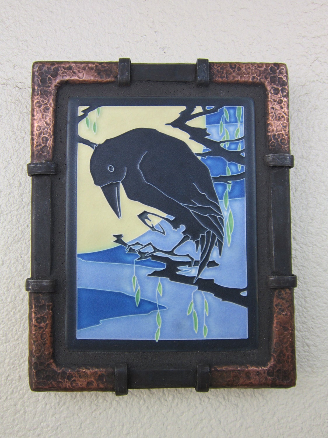 arts and crafts motawi raven tile in wrought iron and copper frame