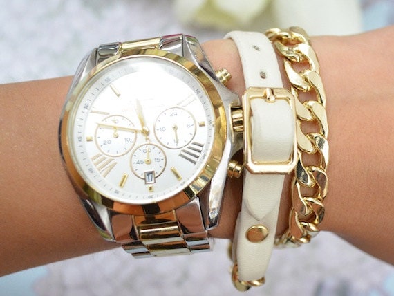 Leatherette & Chain Wrap Bracelet - Chain Bracelet - White