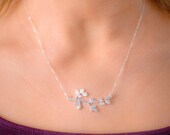 Large Silver Branch Necklace - Floral Twig Necklace with Cubic Zirconia and Leaves