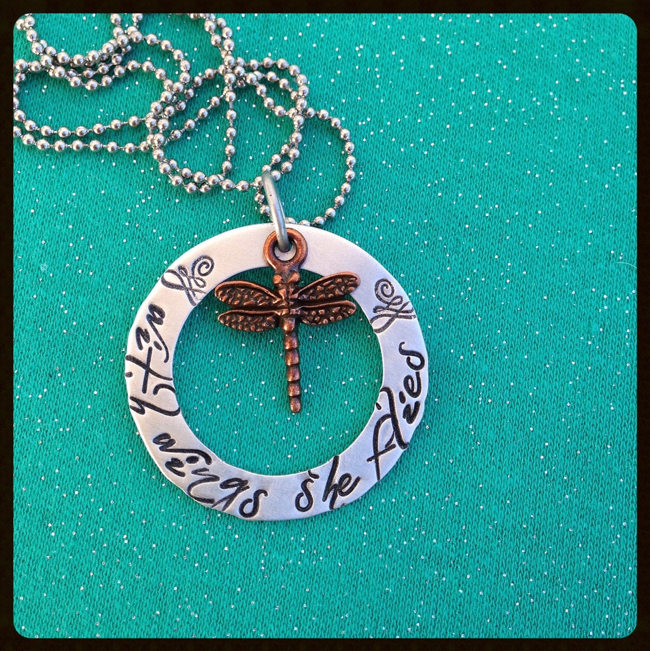 Custom hand stamped name necklace, with wings she flies, dragonfly, graduate necklace, grad gift