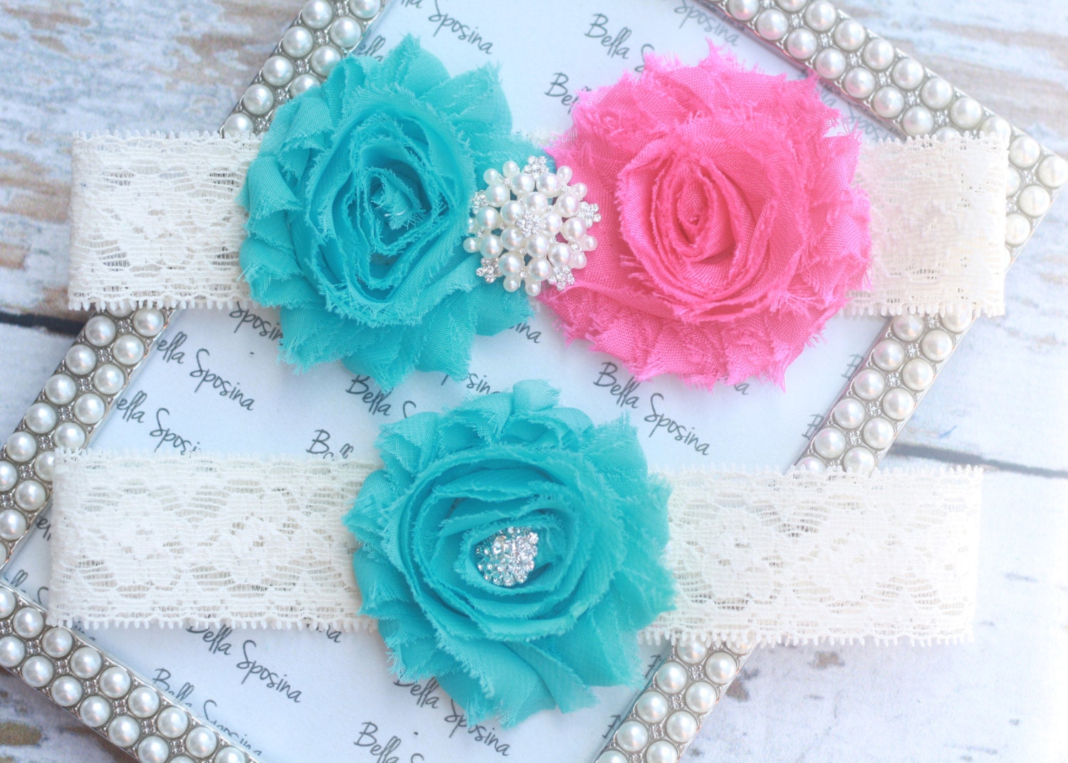 Hot Pink and Teal Bridal Garter and Toss Garter - Wedding Garter Set - Ivory Stretch Lace
