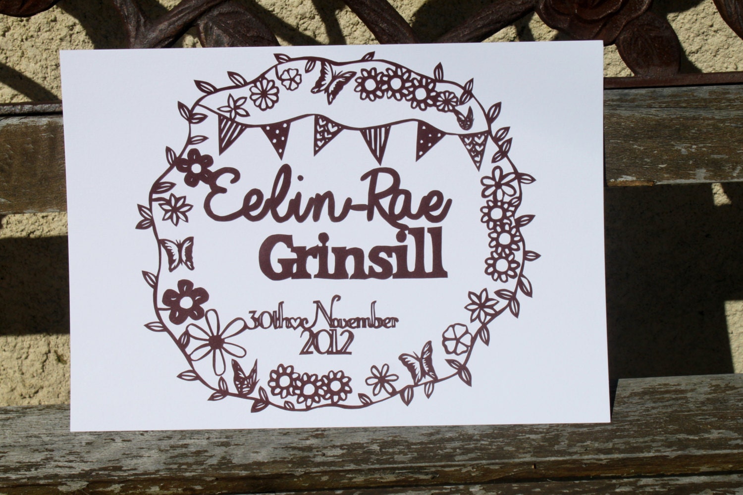 Baby Name Date Bunting Flower Butterflies Girls Christening Birth Personalised Hand Cut Paper Cut Wall Art