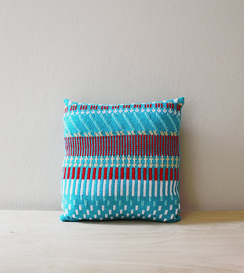 Handmade knitted pillow - decorative fair isle throw, geometric floor cushion, chair bench, knitted knit seat cover, knitting, ikat bedding