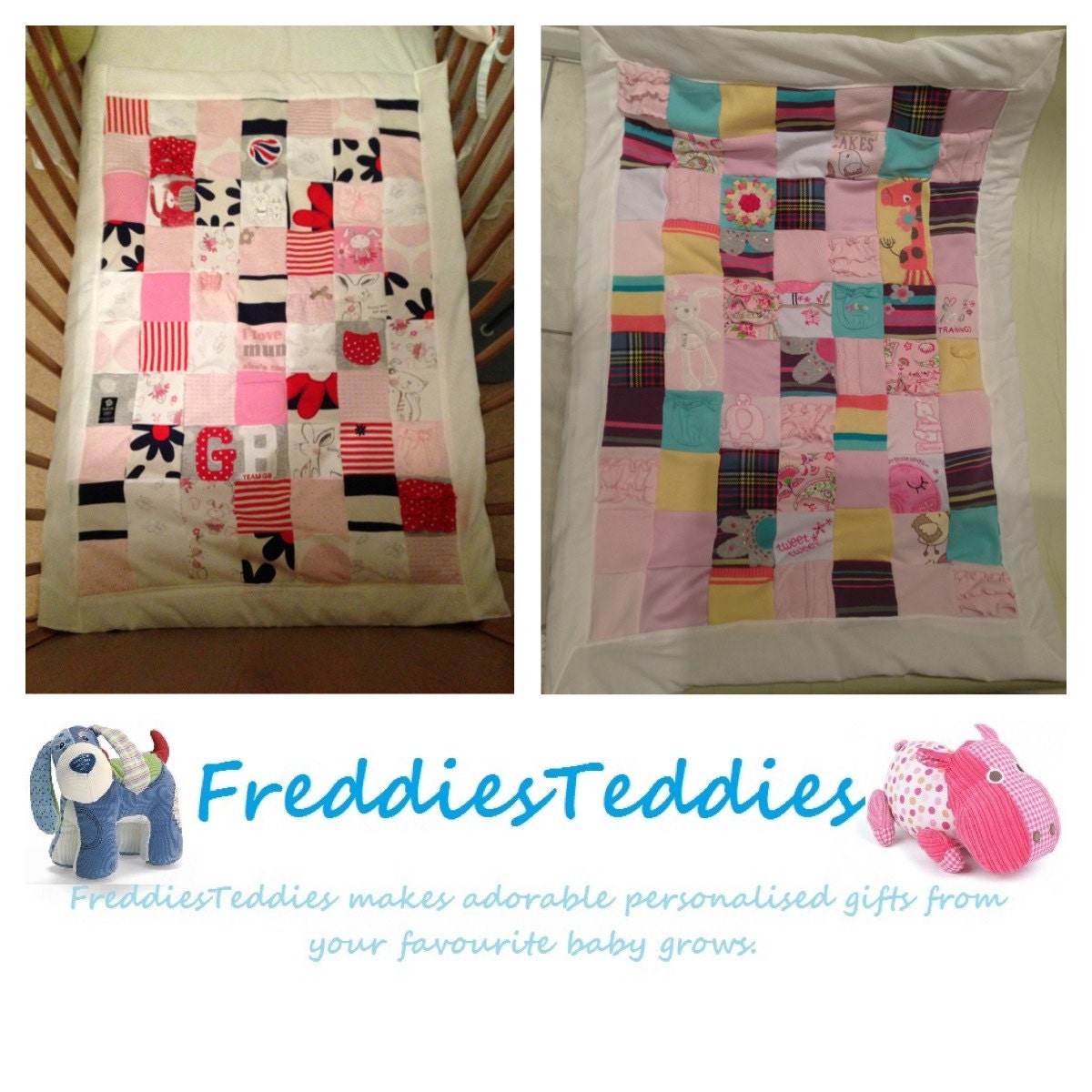 Handmade Personalised patchwork quilt blanket made from baby's own clothes. Christening Keepsake Gift