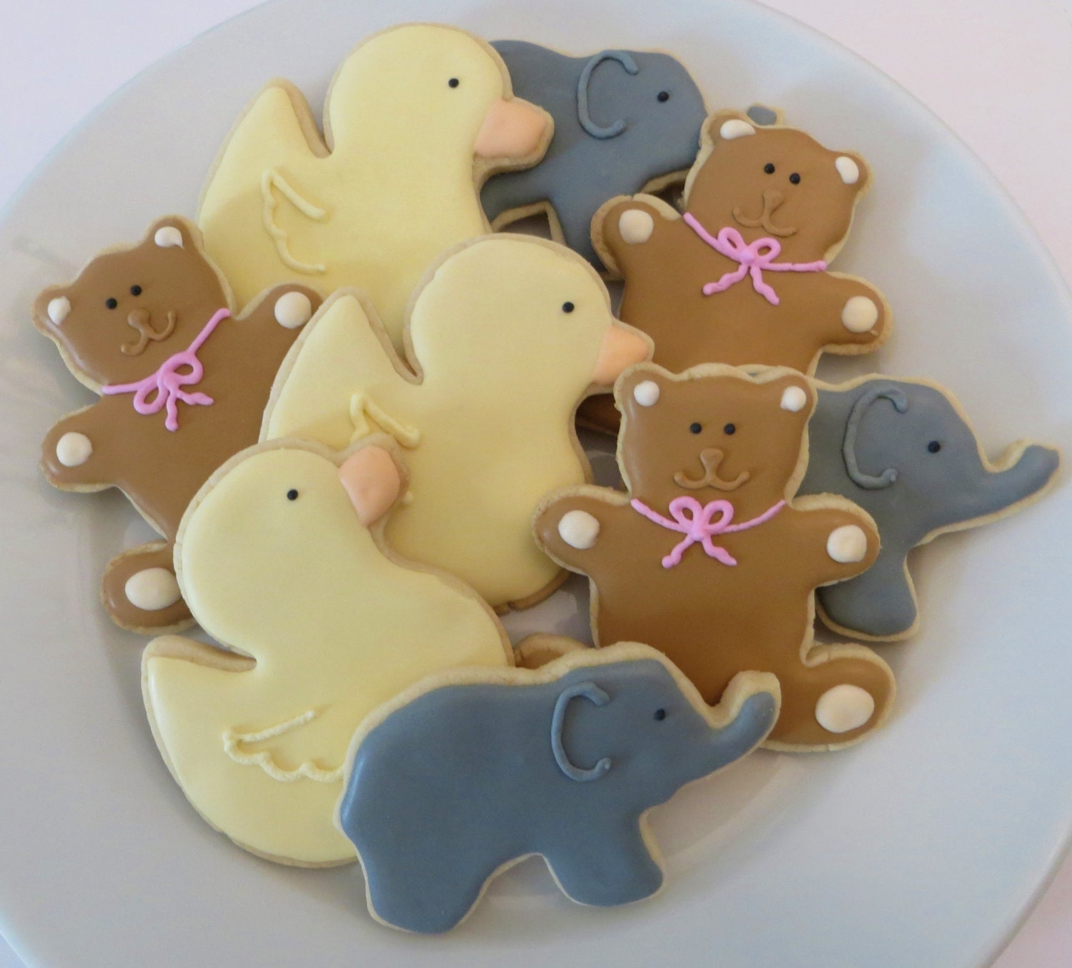 Decorated baby shower/ baby gender reveal cookie favors: teddy bears, ducks and elephants, 1 dozen