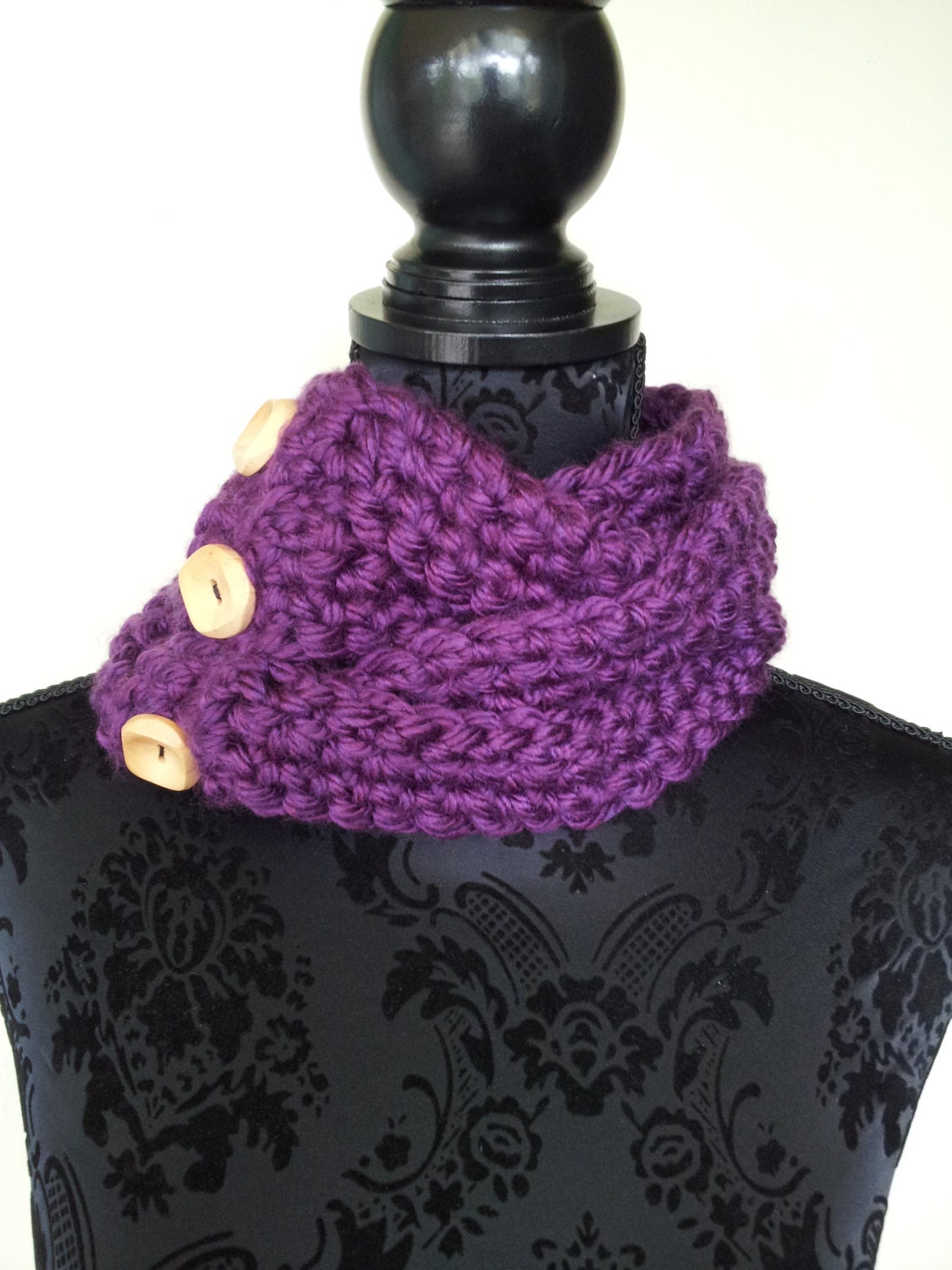 Braided Button Cowl in Purple, Chunky Cowl, Unique Scarf, Handmade Scarf, Crocheted Fashion Scarf, Gift for Her, Spring Autumn Winter Cowl