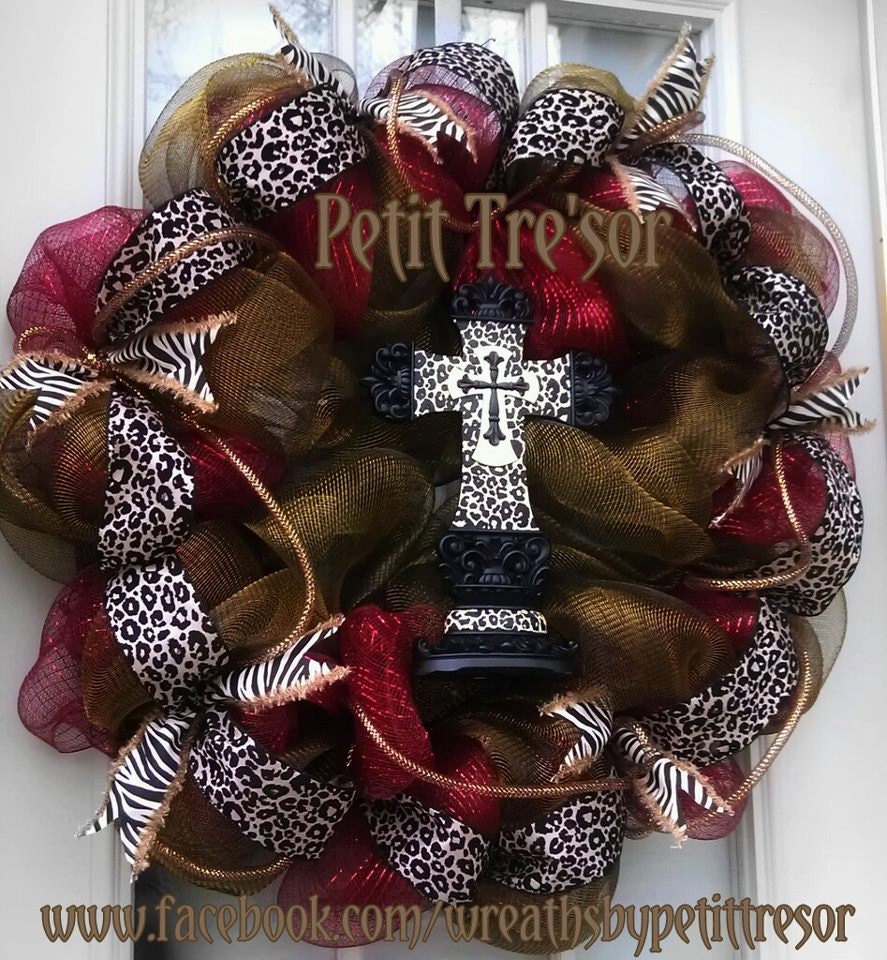 Burgundy Wreath with cross and animal print great as an anytime wreath