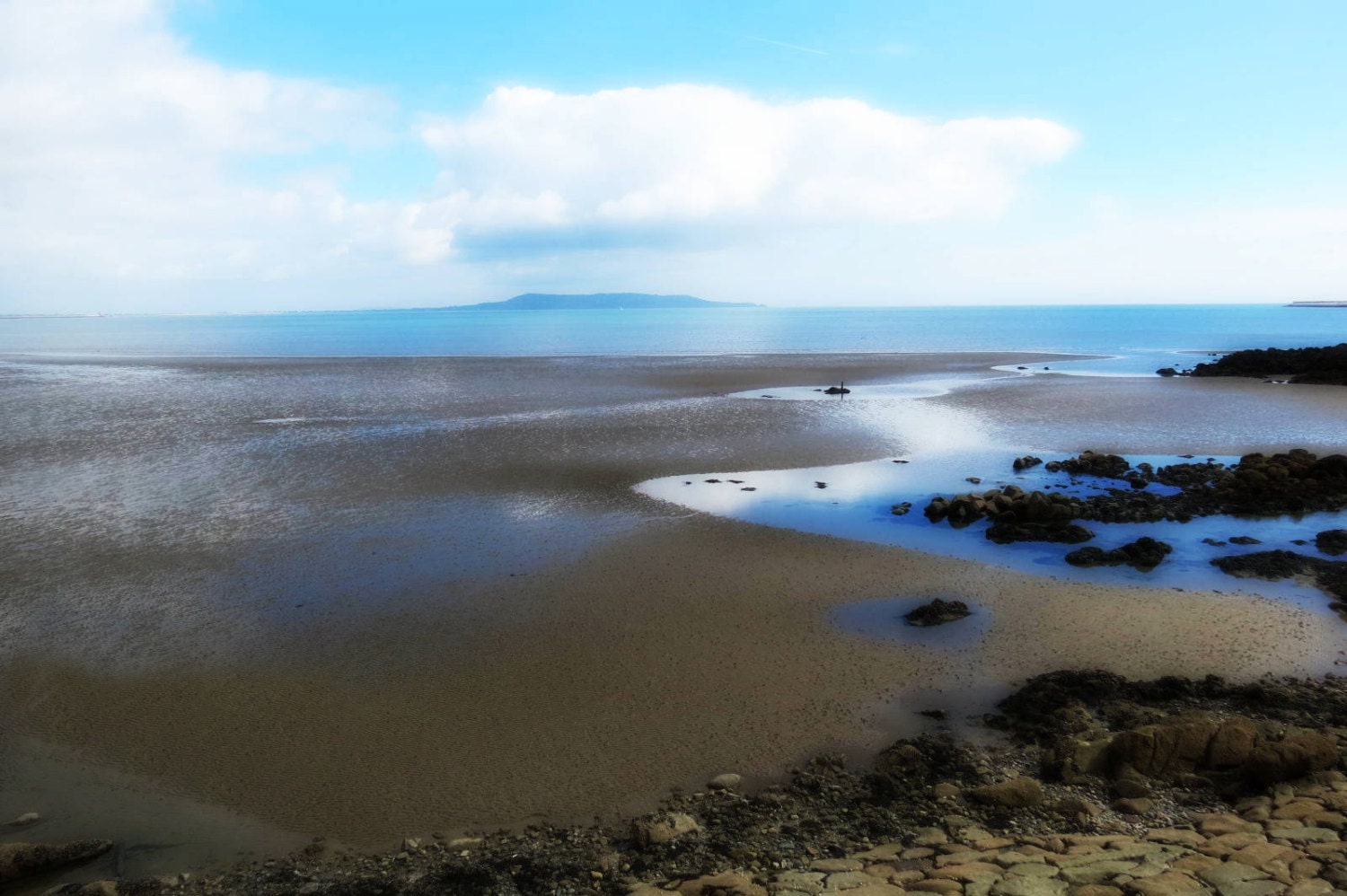 Blue and White Beach, Dreamy Clouds & Rocks, Mountains.  Dublin, Ireland Landscape Photography Seapoint Irish Sea 8x10"