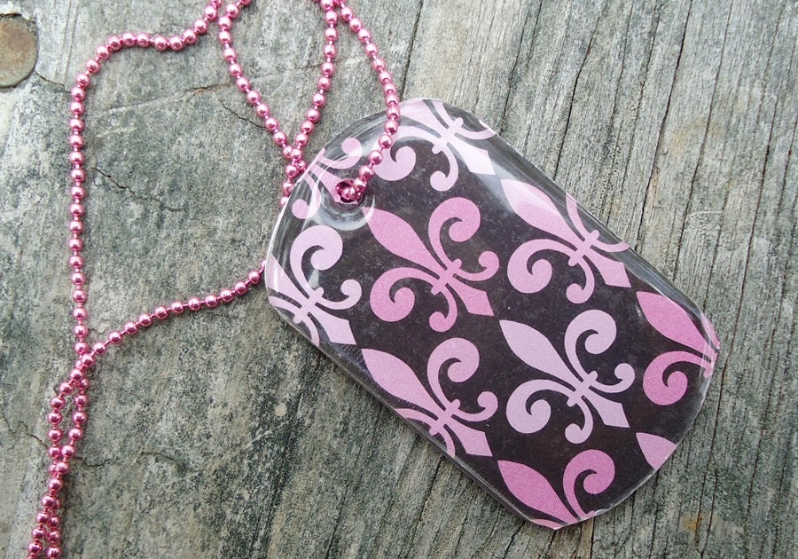 Pink Fleur de Lis Dog Tag Pendant Necklace