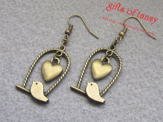 Buy cute gifts for girlfriends - Bird earrings, bird in cage earrings, bronze heart earrings, love birds earrings, cute bird earring, Best Gift for Girlfriend---E020