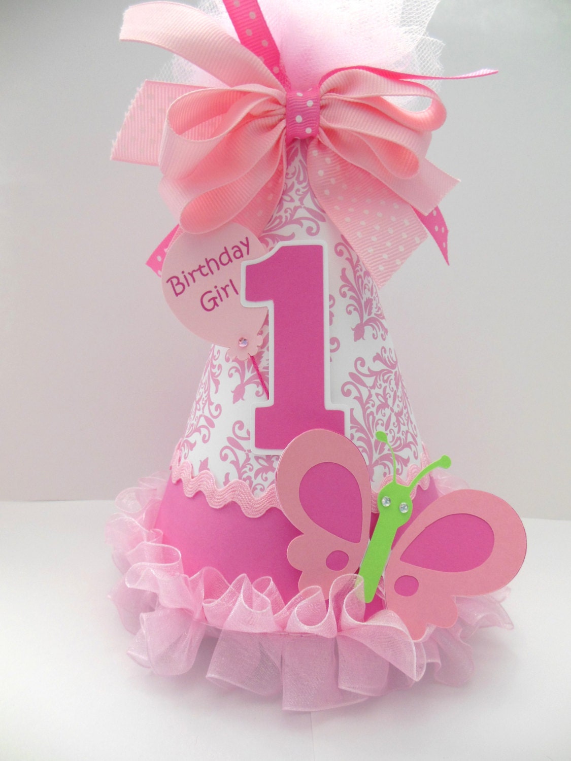 Pink Damask - Butterfly - Cupcake Birthday Party Hat - Personalized Il_570xn