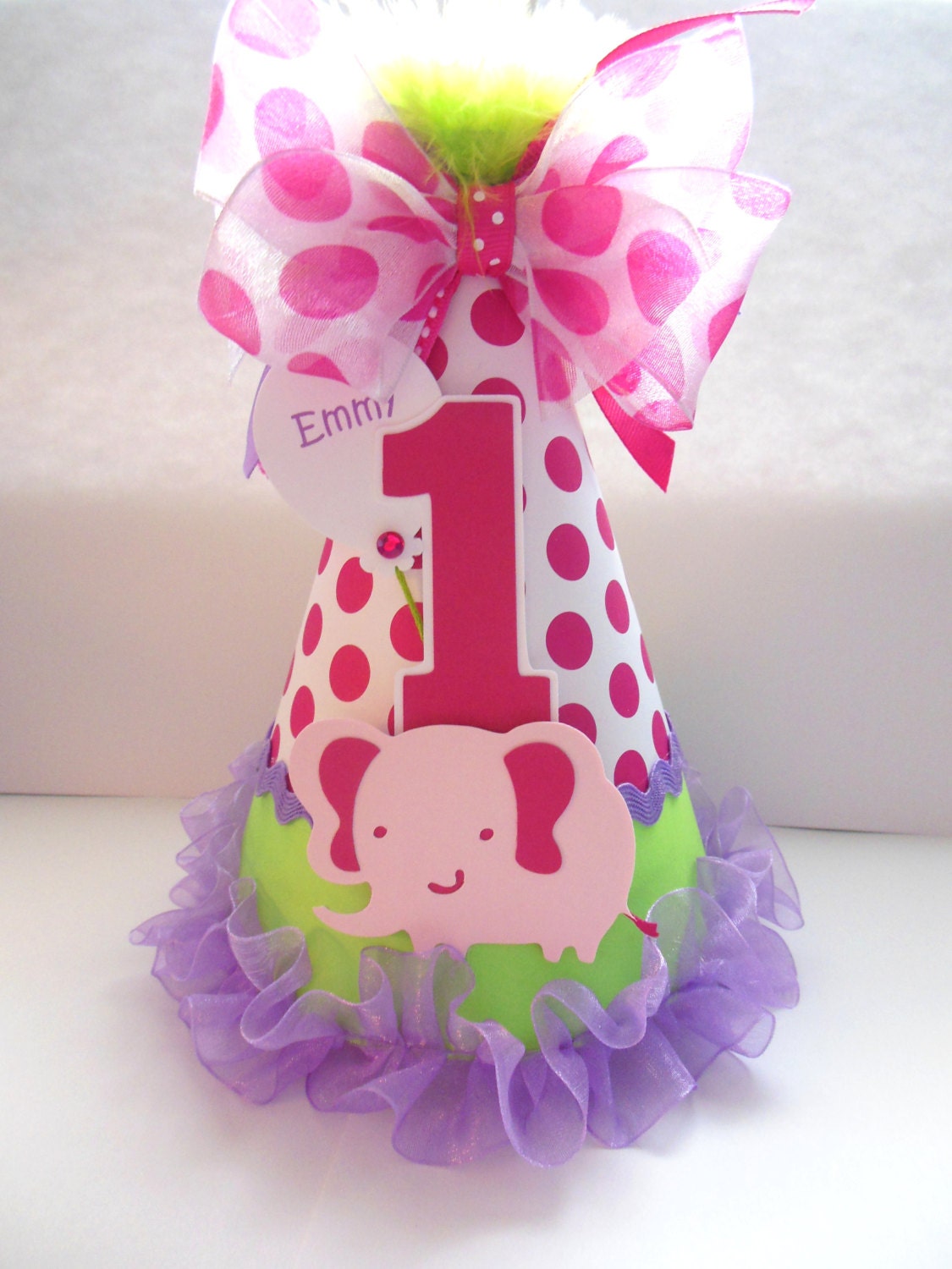 Hot Pink Polka Dot Elephant - Pink, Green and Purple - Birthday Party Hat - Personalized Il_570xn