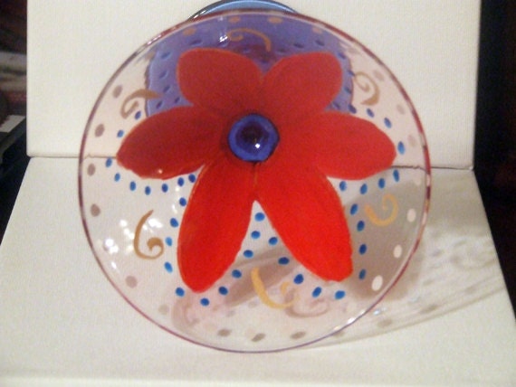 Blue Wine Glass Hand Painted Glassware Home Decor Red Flowers Wine Glass
