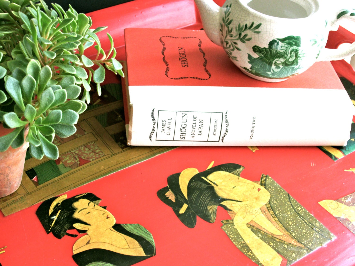 Large Red Tray Geisha decoupage  serving vintage retro eclectic entertaining   asian decor / home decor housewares barware handmade