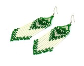 Native American Earrings Inspired. White Silver Green Earrings. Dangle Long Earrings. Beadwork