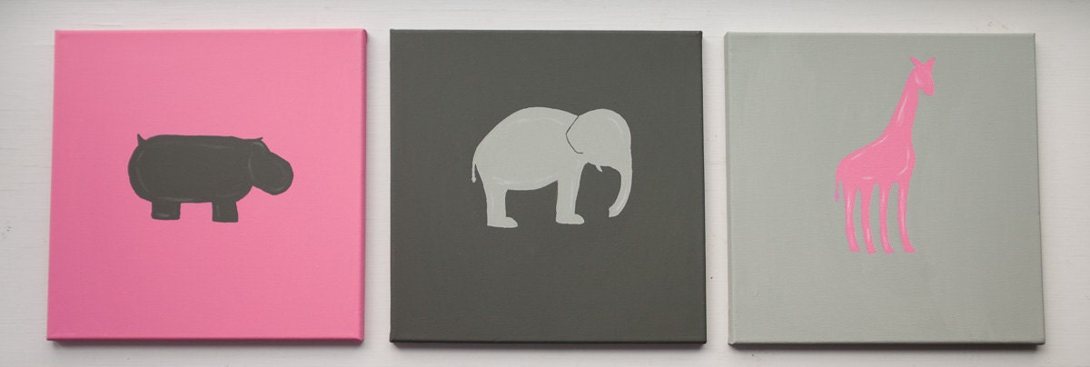 Safari Animals, Set of 3, Made to match "Zoology in Bloom" fabric. Giraffe/Elephant/Hippo in Pink, Gray and Charcoal
