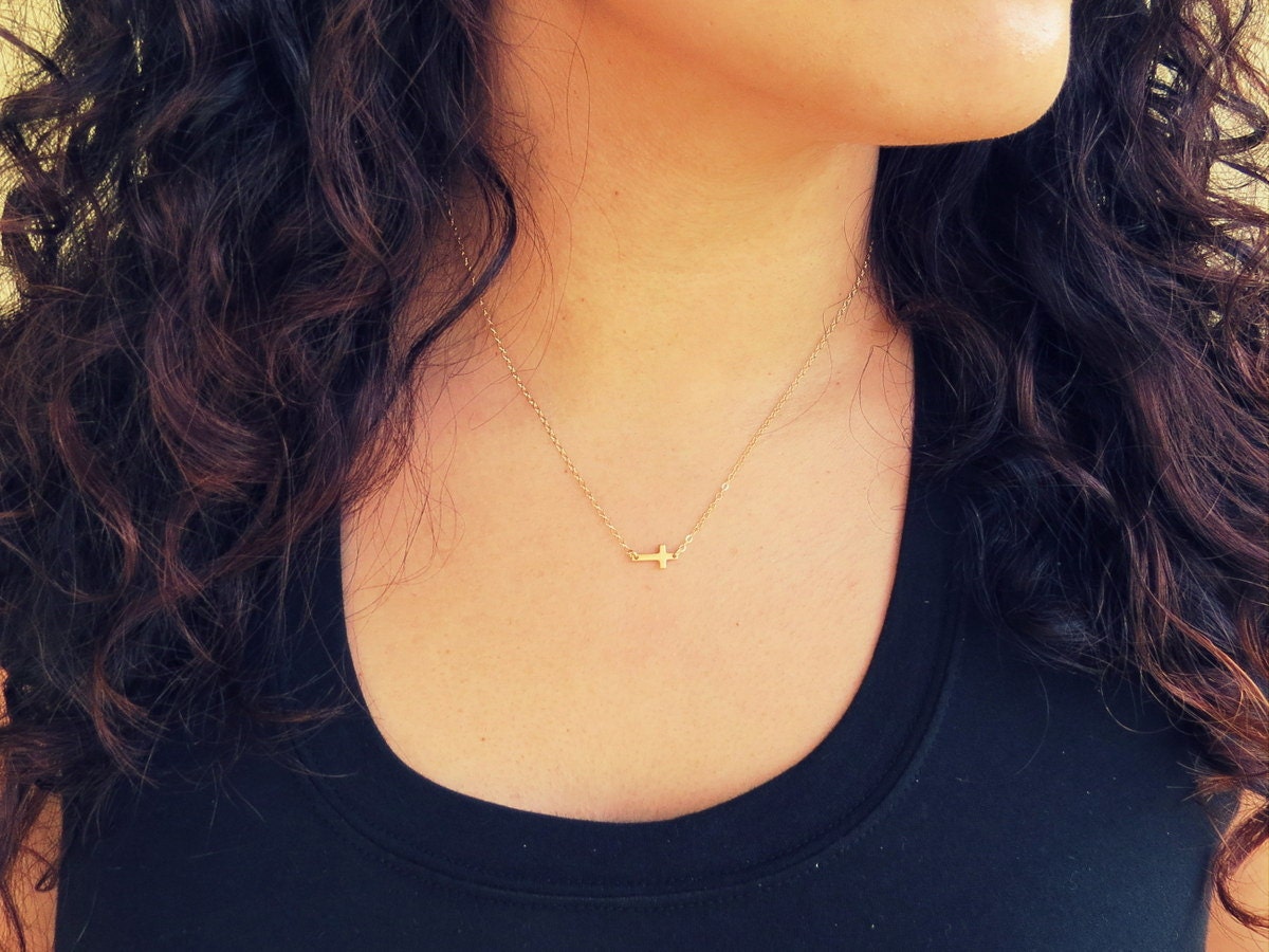 Extra Tiny Gold Sideways Cross Necklace, Tiny Gold Necklace, Tiny Sideways Cross Necklace, Bridesmaids Gifts, Gold Cross Necklace