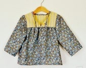 Blue ditsy floral and yellow striped girls classic tunic blouse shirt top age 4