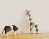 Jolly giraffe taggy tag animal baby toy with unisex grey and white striped fabric with yellow gingham ribbon