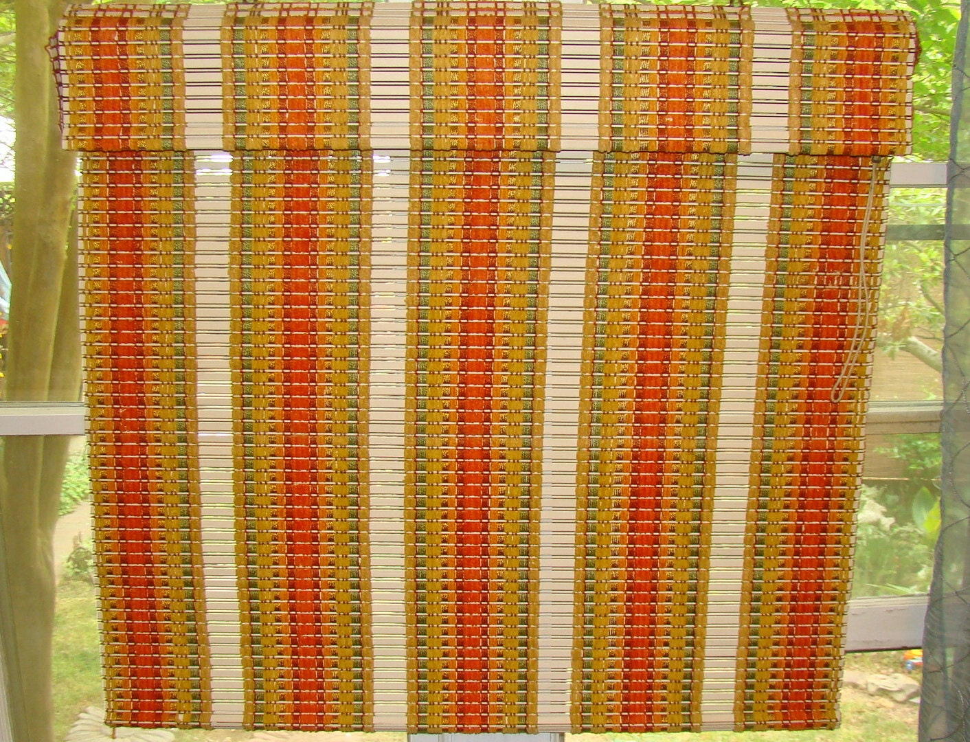 Vintage Wood Blinds/Shade with Striped Woven Orange and Avocado Yarn Accents. Boho Decor.