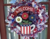 Patriotic Fourth of July Memorial Day Deco Mesh Wreath
