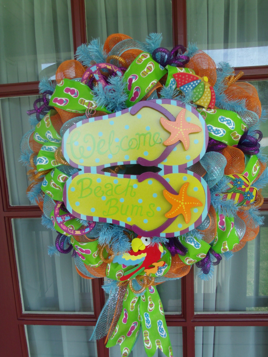 Orange turquoise Flip Flop Welcome Beach Bums Deco Mesh Door Wreath