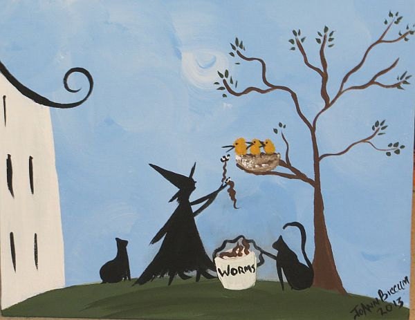Original Primitive Folk Art Painting Little Witch Feeding Birdies Birds