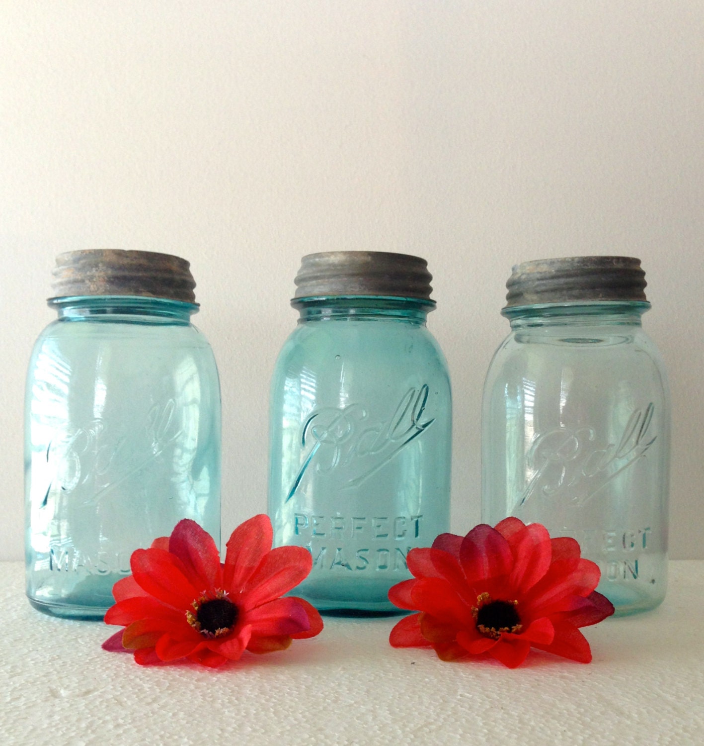 Set of 3 Vintage Blue Ball Mason Quart Jars 2-L "Dropped A"  2 L Jars c1910-1923