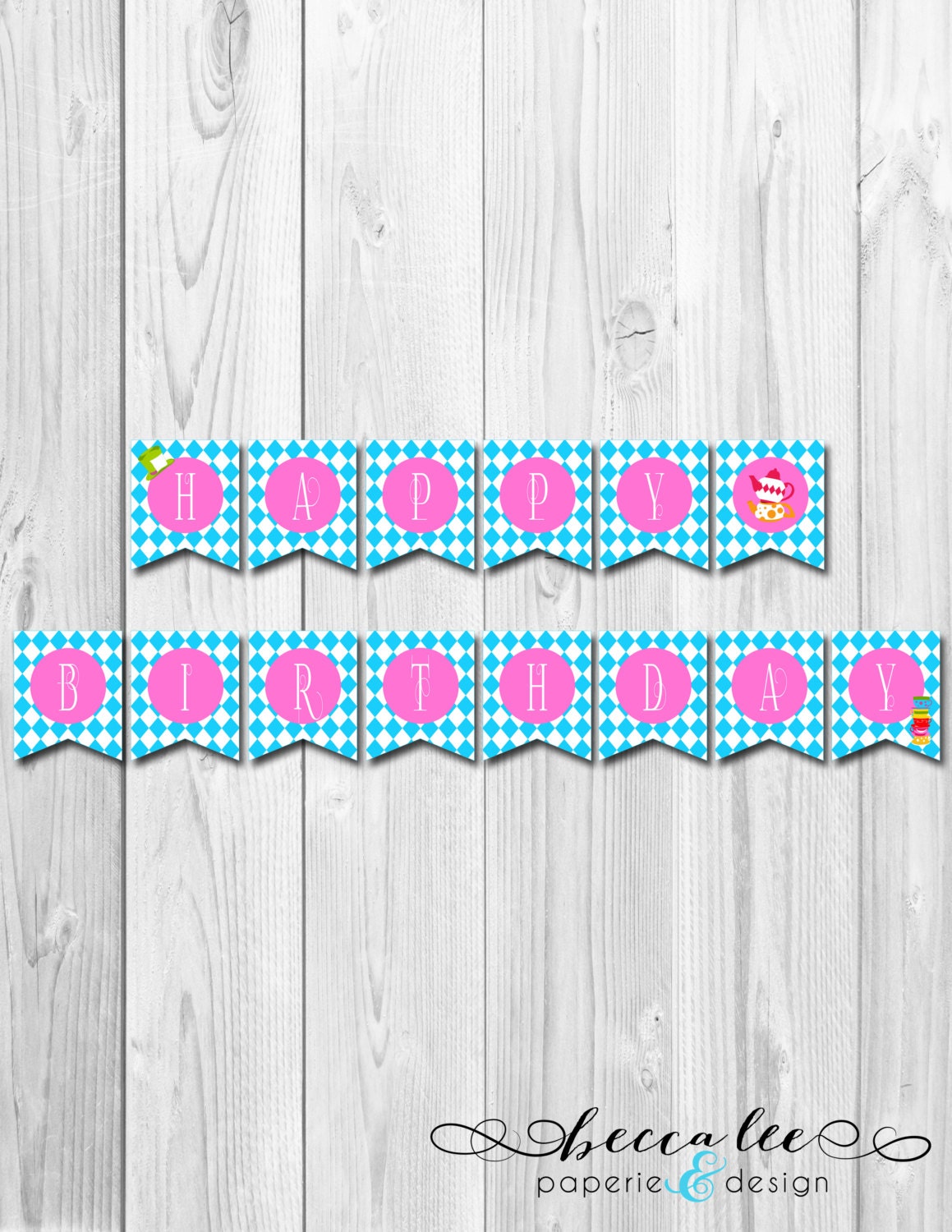 Alice in Wonderland Mad Hatter Tea Party Theme Happy Birthday Banner - DIY - Printable
