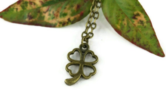 Four Leaf Clover Necklace, Luck O' The Irish, Bronze Shamrock, Lucky Charms, Minimalist Jewelry, St. Patricks Day Jewelry