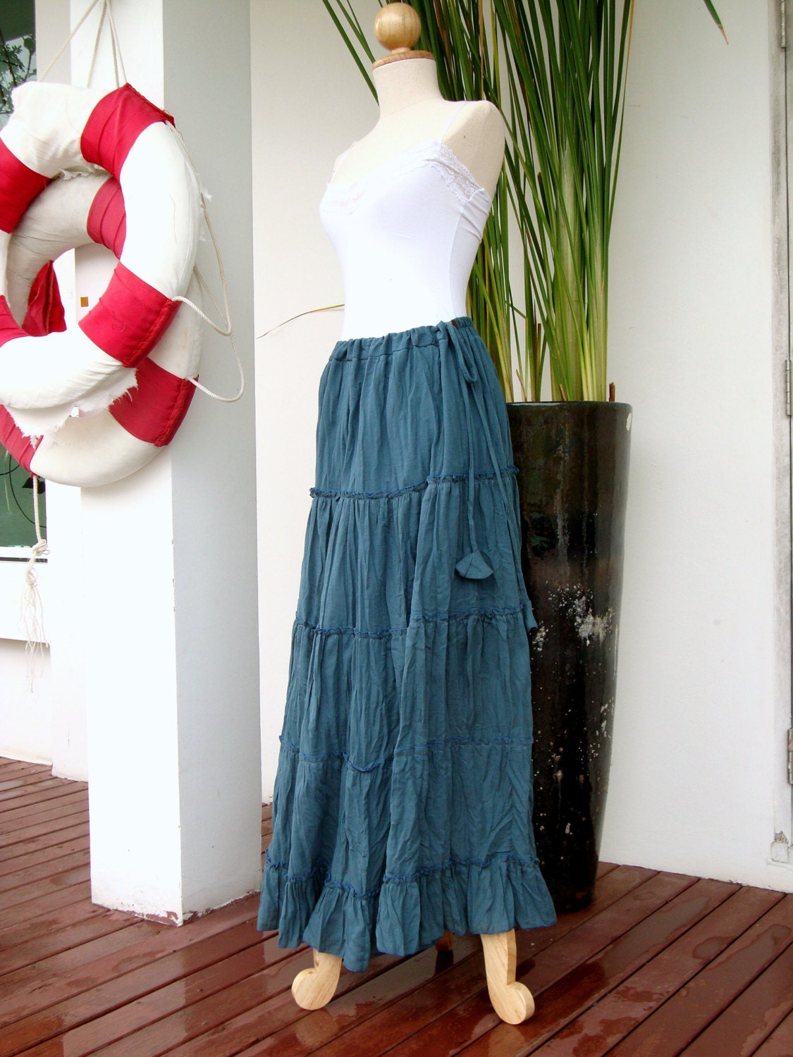 Blue Skirt / Summer Spring Skirt Sexy Sweet Big Sweep Gray Dark Blue Long Cotton Skirt - SK002, Women Ruffle Skirt