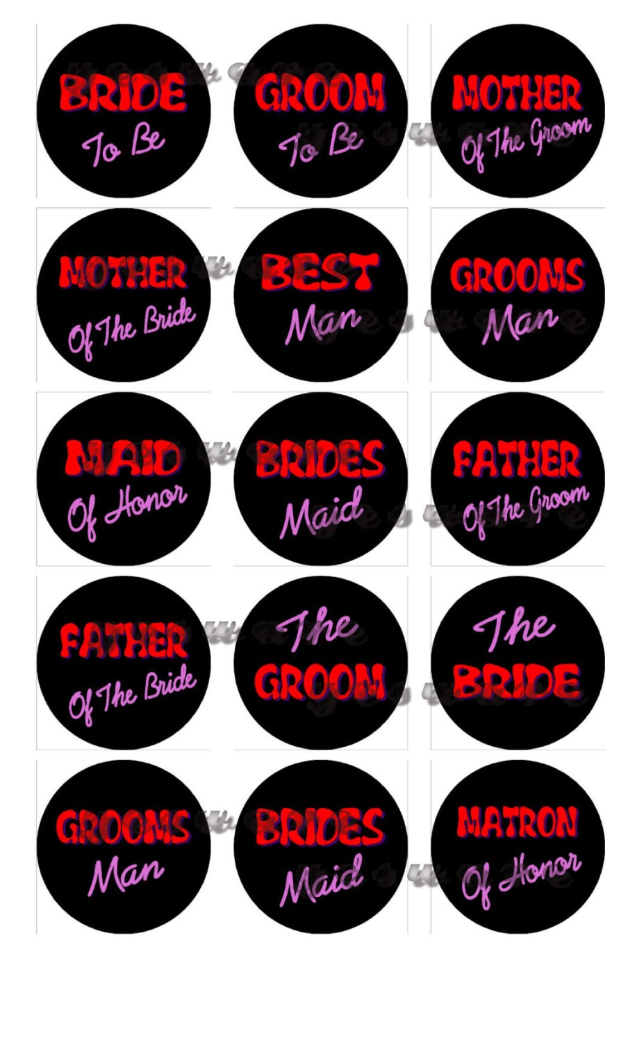 Wedding Bridal Party Neon retro Digital 1" Bottle Cap Images on a 4x6 Collage Sheet for Crafts or Scrapbooking