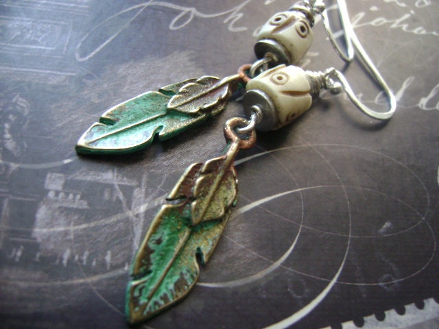Feather and Bone Dangle Earring- Rustic Jewelry- Tribal - Sterling Silver