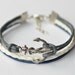 Silver Anchor Bracelet Charm Gray Wax Cord, Birthday Gift, Vintage brown string bracelet, Gift, Blessing Bracelet