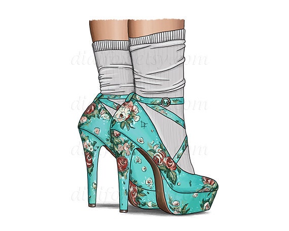 Floral Print Heeled Shoes with Socks - Printable Digital Illustration for Transfer Prints - Clipart ( 8x10), for DOWNLOAD. Item No.T0016
