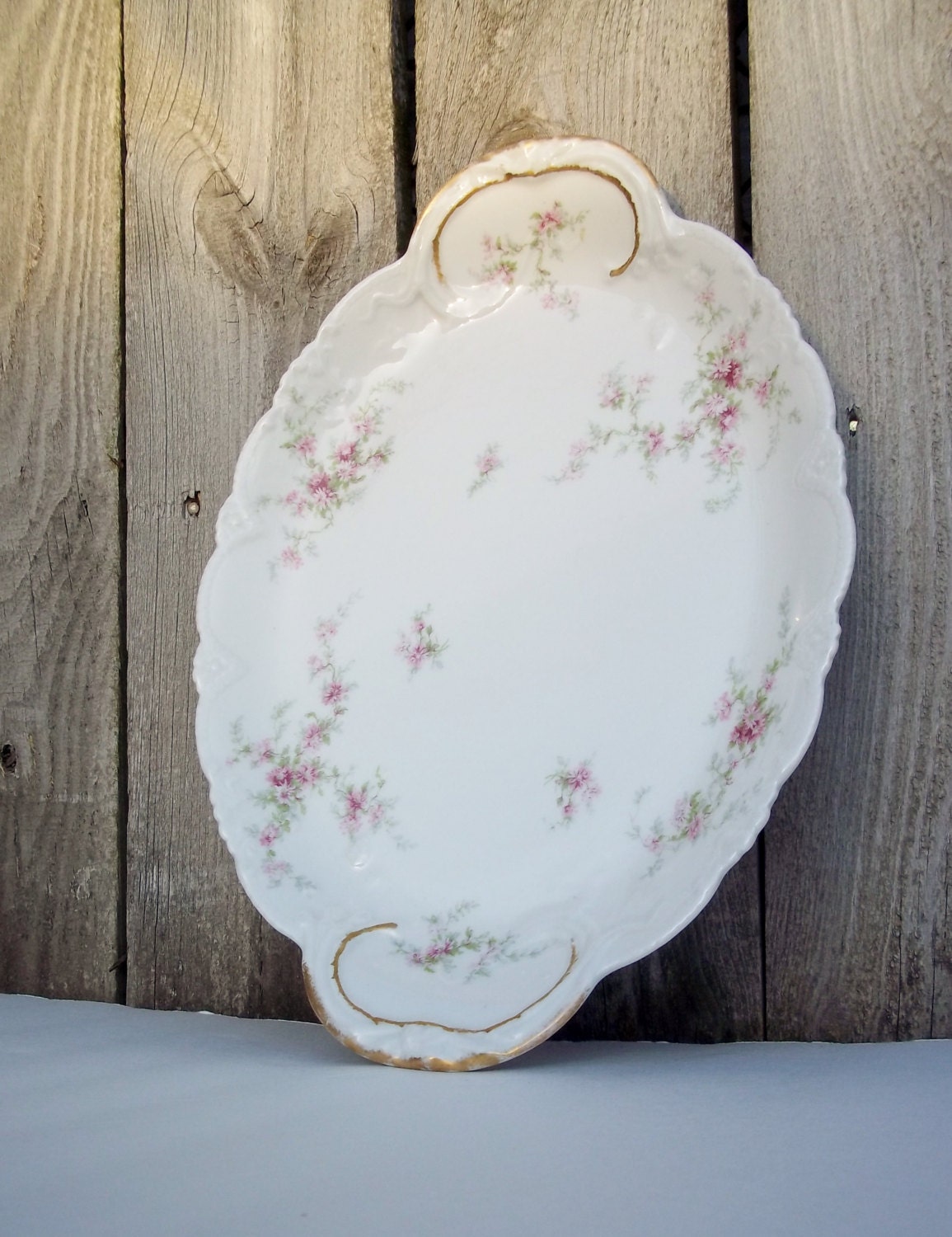 Large Theodore Haviland French Porcelain Platter Tray Floral Pink  Shabby Chic Cottage Serving Housewares Wedding Entertaining