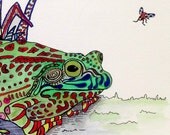 Green frog illustration watercolor print