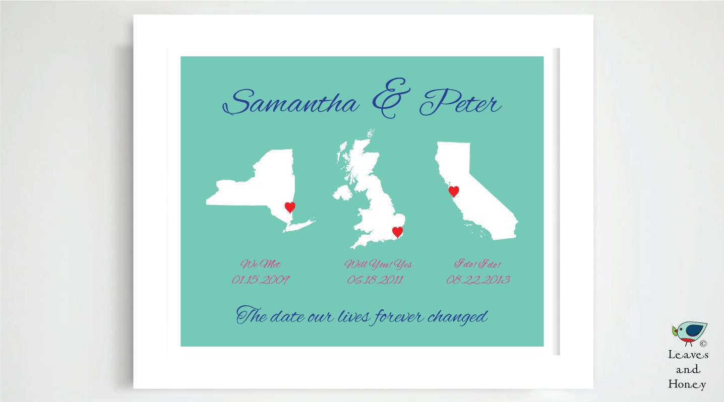 Newlyweds / 1st Anniversary / For Couples Engagement Gift for Her & Him, Parents Fiance, Husband / Wedding Location Map Important Dates 8x10