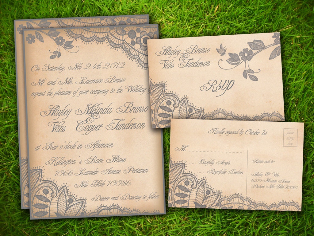Wedding Invitation and RSVP Card Suite - Vintage Rustic Gray Elegant Floral Lace Personalize Double Sided Print