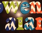 7 inch lower case customized hand painted letters- chevron stripes and monsters