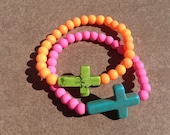Neon Pink or Orange Howlite Sideways Cross Turquoise or Green Bracelet