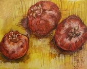 ORIGINAL ABSTRACT Still Life, Pomegranates, ORIGINAL painting in gouache and ink, original fruit art, kitchen art, home decor