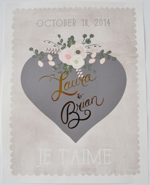 Gold Foiled Custom Wedding Sign 8.5 x 11-Je T'aime