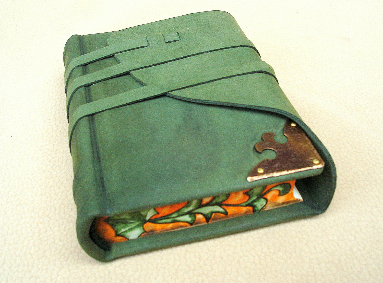 Leather Journal, Sketchbook, Green Suede, Brass Corner, Painted Edges