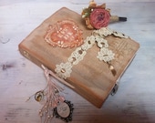 Cottage Rose Wedding Guest Book Photo Album  Scrapbook Shabby Chic Roses Custom Handmade Clay Tile And Chiffon Boutonniere Pen.