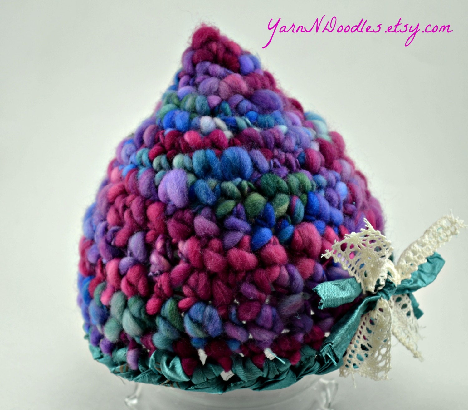 READY TO SHIP Shabby Chic Crochet Thick Thin Handspun Newborn Baby Girl Pixie Hat Gnome Lace Photography Prop Spring Beanie
