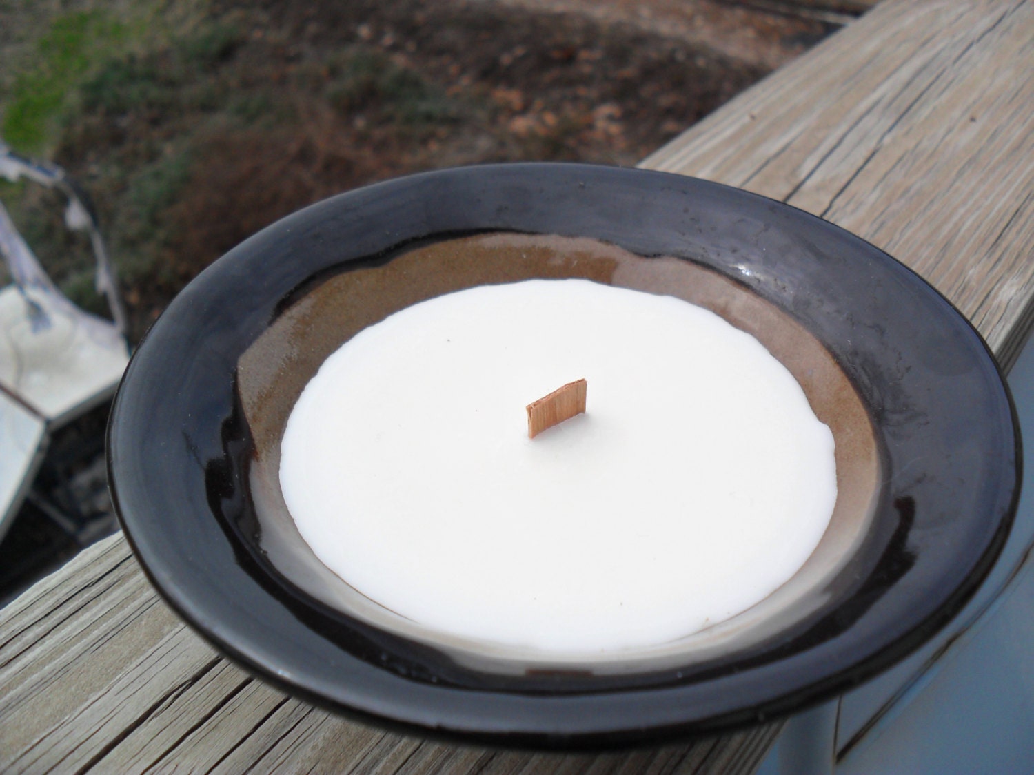100% Soy Wax Candle Wood Wick Brown and Black Glazed Bowl