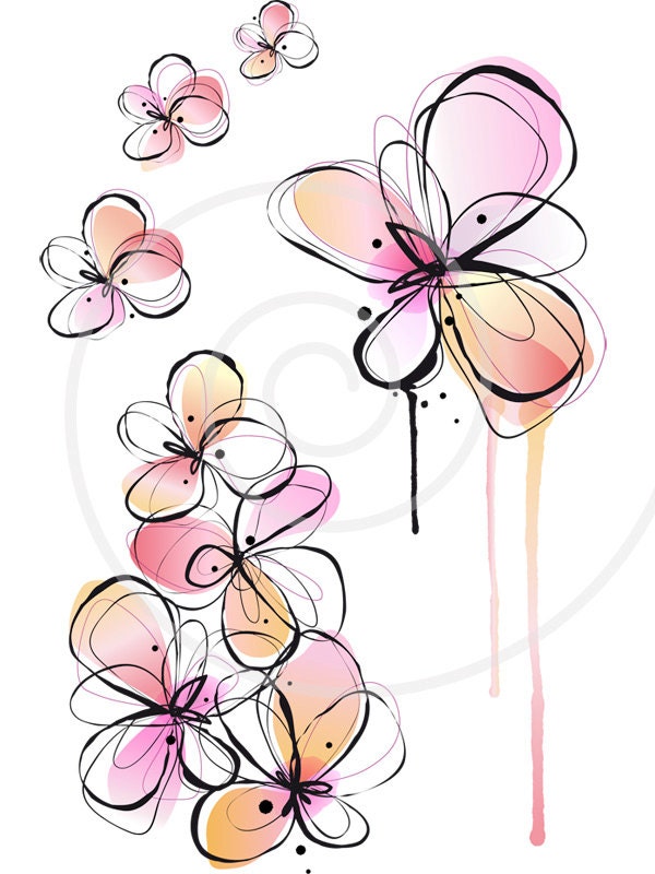 Abstract spring flowers, ink drawing, watercolor painting, floral background, illustration, digital clip-art, clipart, vector, download