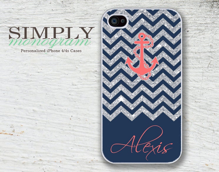 Personalized iphone 4 case - iphone 4s case - plastic or silicone rubber - nautical glittery chevron monogram ( NOT ACTUAL GLITTER )